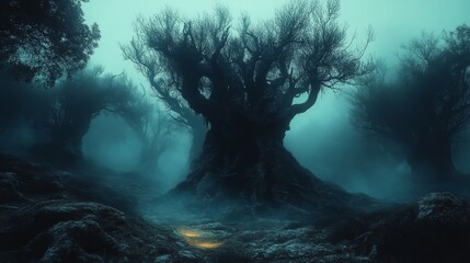 Enigmatic foggy forest with ancient twisted trees