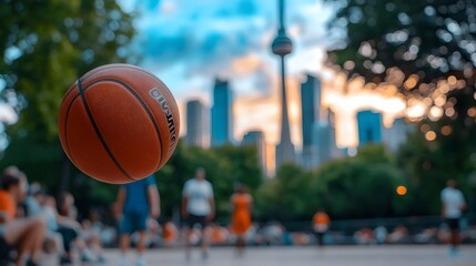 A group of basketball players competing on an outdoor court with a vibrant city skyline in the background showcasing an active urban lifestyle and recreational activity