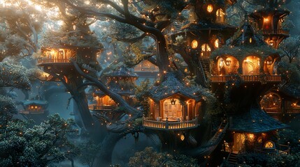 Enchanted Treehouse Village in a Magical Forest