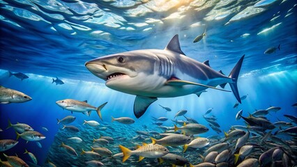 Fototapeta premium Great White Shark Beneath Bait in Stunning Fiji Waters - Ocean Landscape Photography