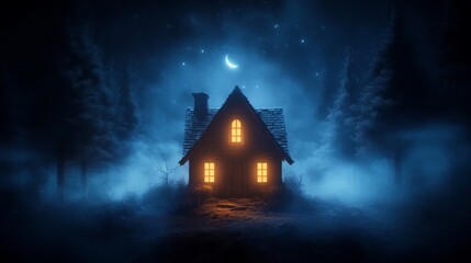 Enchanted cottage under a moonlit night sky