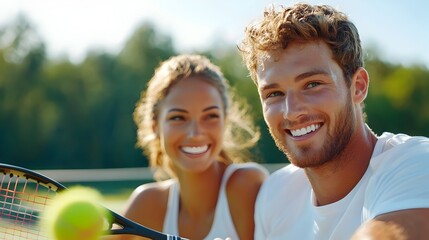 Two people playing a game of tennis on a well maintained outdoor court on a bright sunny day  The couple is engaged in a friendly match showcasing their athletic abilities and competitive spirit