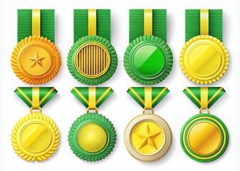 Green and Yellow Medal Set: Achievement Badges for Awards and Recognition in Flat Style