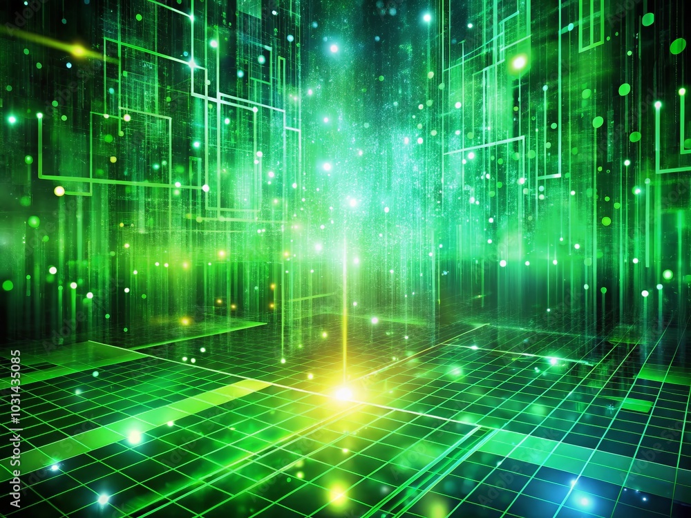 Poster green binary data flow abstract background in drone photography for technology and innovation themes