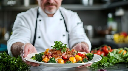 Experienced Chef Guiding Students Through Cooking Class in Professional Commercial Kitchen Environment