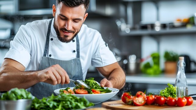 Professional Chef Providing Hands On Cooking Instruction and in a Commercial Kitchen Setting with Various Culinary Tools Appliances and Ingredients for a Cooking Class or Educational Program