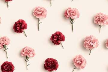 A pattern of pink and red carnations arranged on a light background, highlighting their delicate petals and natural beauty.