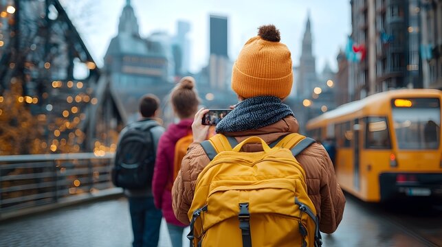A group of friends exploring and taking photos together during a fun and memorable city vacation getaway capturing the excitement and experience of their urban adventure