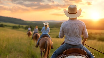 Equestrian Adventure Through Scenic Countryside Landscape Riders Traversing Picturesque Trail in Rural Pastoral Setting