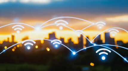 Obraz premium Smart digital Innovation city with connection network reciprocity over the cityscape. of future smart wireless digital city and social media networking systems that connects people with in city