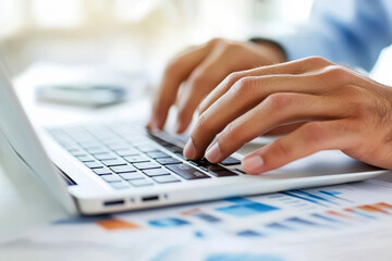 A business typing on laptop, close up of hands with business papers and graphs in the background.