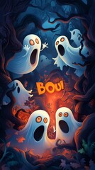 Playful cartoon ghosts with exaggerated features in a spooky forest setting.