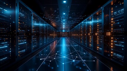 Obraz premium An illuminated data center with holographic connections linking multiple server units, casting a futuristic glow on the sleek black floor. 