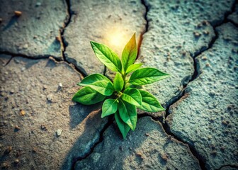 Naklejka premium Green Plant Growing on Cracked Floor in Low Light - Nature's Resilience and Renewal