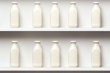 Ten bottles of milk arranged neatly on a shelf, white isolated background.