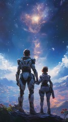 Fototapeta premium A futuristic male and female duo stand hand in hand, gazing at a cosmic sky.