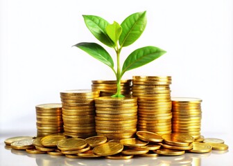 Growing Investment: Plant Sprouting from Gold Coins for Financial Growth Symbolism