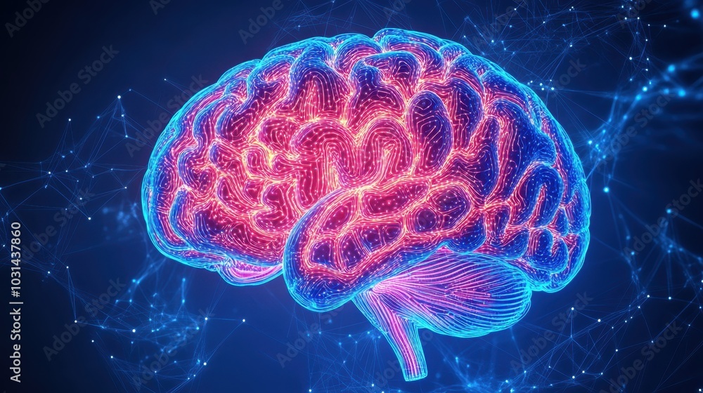 Poster neon 3d representation of brain with pathways