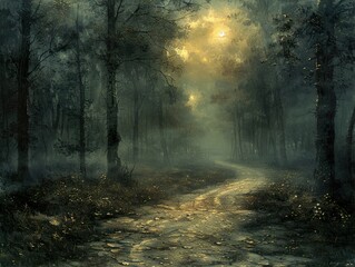 Naklejka premium Enchanted Forest Path: Sunbeams Through the Mist