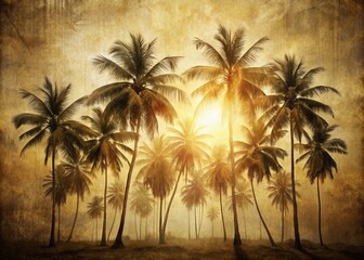 Grunge Palm Trees Silhouettes on Warm White Background - Vintage Exotic Illustration