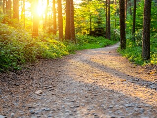 Fototapeta premium Serene forest path illuminated by sunlight, surrounded by lush green trees.