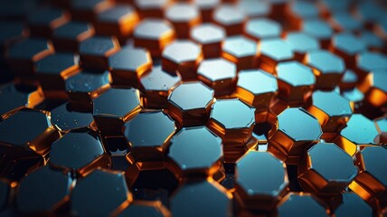 Fototapeta premium Abstract background of metallic blue and gold hexagons with shallow depth of field.