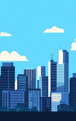 Obraz premium Stylized city skyline against a bright blue sky with clouds.