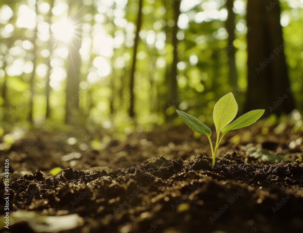 Poster a single green sprout emerges from the soil in a forest with sunlight streaming through the trees.