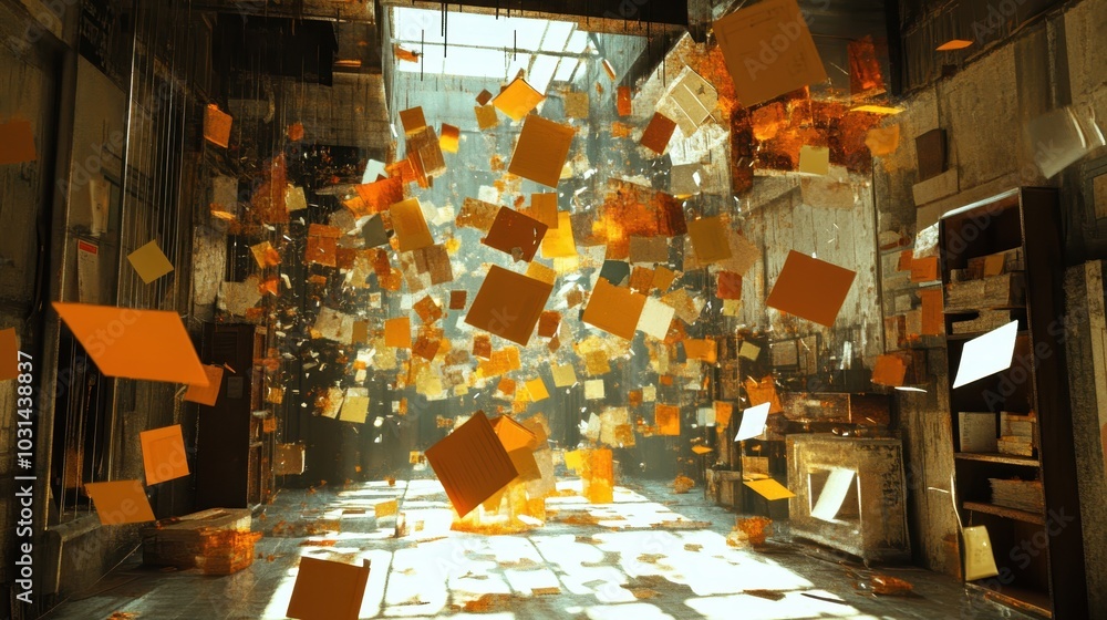 Poster abstract 3d room with floating cluttered objects