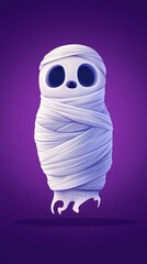 Obraz premium A cute, cartoon ghost character wrapped in white bandages against a purple background.