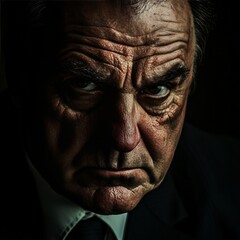 A close-up portrait of a mafia boss with a stern expression, shadows highlighting the lines of experience and ruthlessness on his face