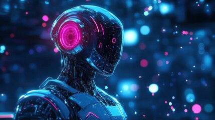 Futuristic android digital computer robot in holographic light space and abstract background