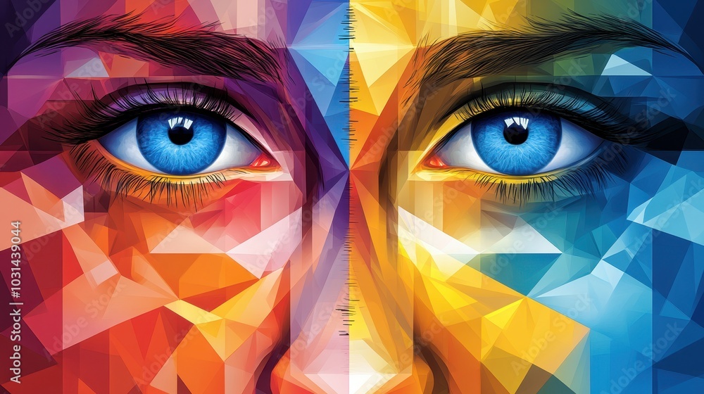 Poster geometric abstract face split into dynamic shapes