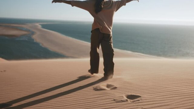Tourist girl walking and enjoying nature and vacation in slow motion on a beautiful dune sunset near the coast of Sandwich Harbour, Namibia, Africa