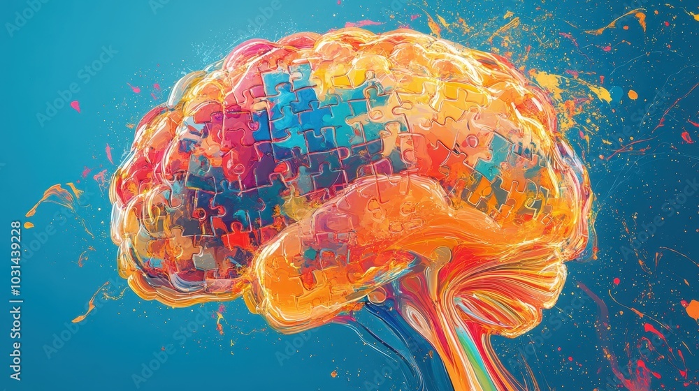 Poster colorful abstract brain with puzzle patterns