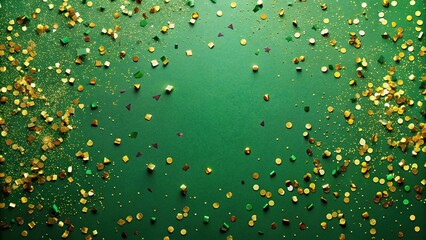 Abstract green background with green and gold confetti