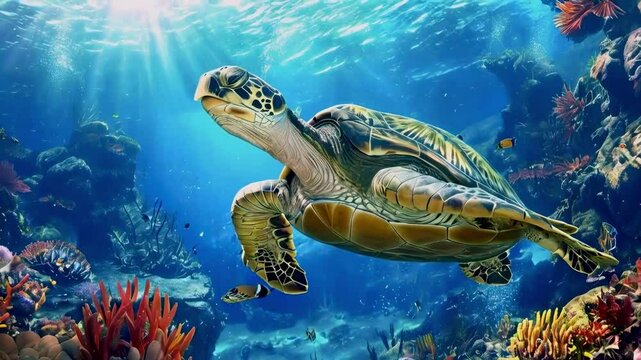 Giant Turtle Dives in the Magic Sea