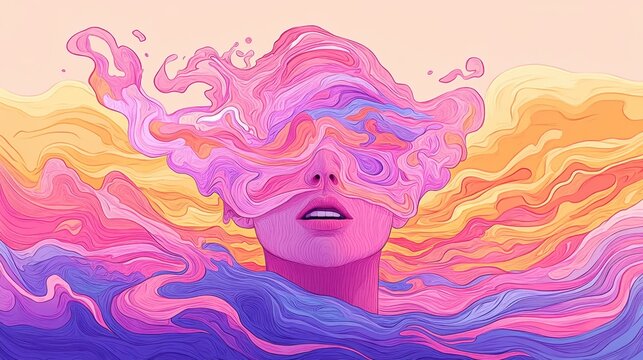 Surreal Illustration of Drowning in Colorful Sea