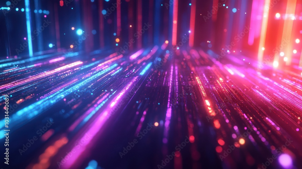 Poster abstract holographic digital technology background with glowing lines and data, cyber security