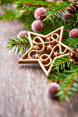 Christmas decoration on rustic wooden background. Close up.	