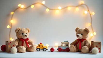 Frame for text with two cute teddy bears sit surrounded by colorful toy cars and Christmas ornaments. The cozy scene, decorated with fairy lights Banner for children shop with warm holiday atmosphere