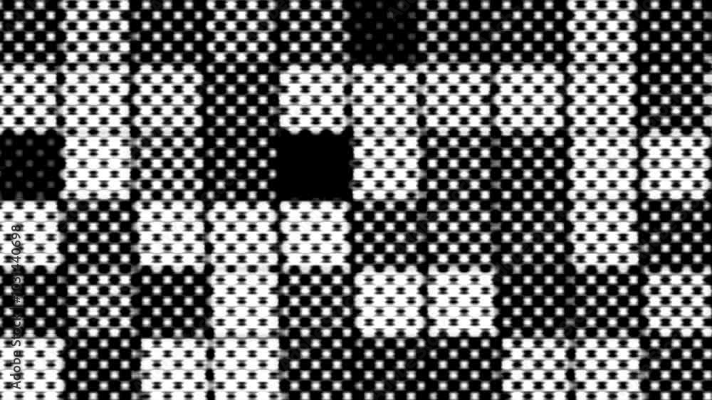 Poster black and white dots and square shapes animation with light distortion effects