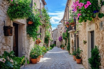 Narrow cobblestone street in Italian village with unique stone buildings, green plants, pink flowers hanging from balconies. Serene atmosphere.