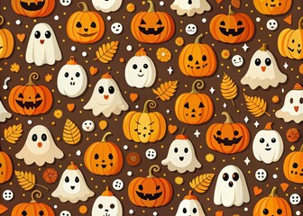 Fototapeta premium Halloween Seamless Pattern with Pumpkins and Ghosts for All Hallows Eve Celebrations