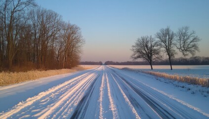 Obraz premium A long, straight, snowy road stretches into the distance, flanked by bare trees on either side. The setting sun casts a golden glow on the horizon.