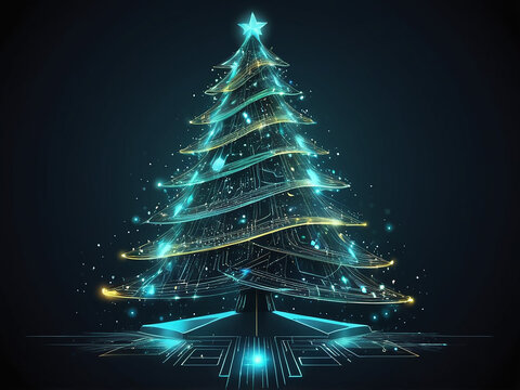 abstract poster with christmas tree in electronic technology style. New year, merry christmas card in tech design