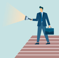 person can use a flashlight to find opportunities and discover ways to succeed in business, Great for promotional materials related to business development workshops or seminars focusing on success,