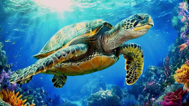 Giant Turtle Dives in the Magic Sea