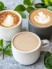 Three Latte Cups with Leaf Foam Art on Grey Surface