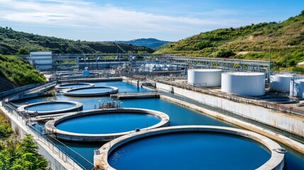 Fototapeta premium Industrial Water Treatment Plant on Hillside with Circular Tanks, Pipes, and White Equipment Under Blue Sky with Trees Background.